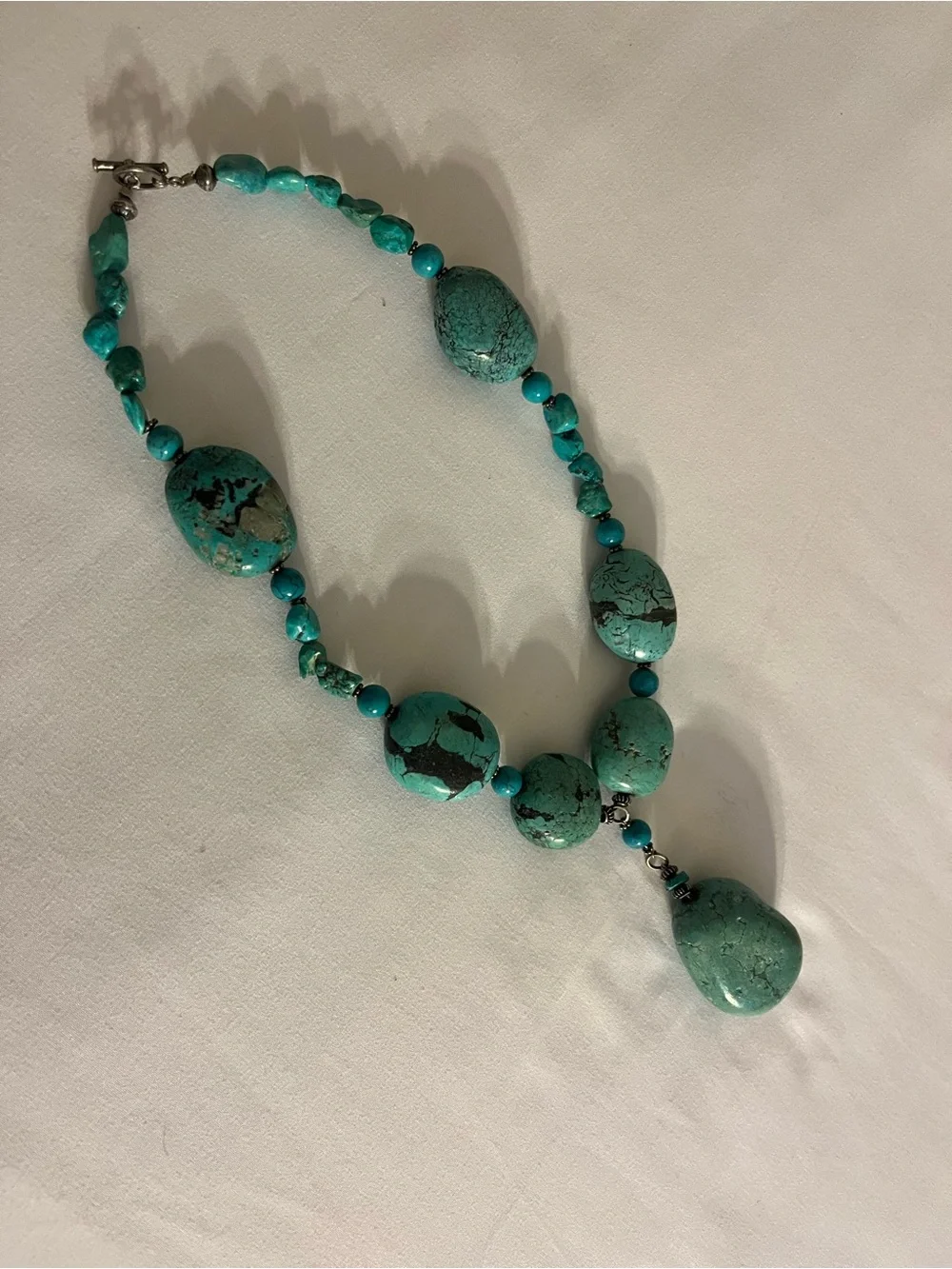 Vintage Turquoise Beaded Necklace with Chunky Focal Stone- dark matrix veining